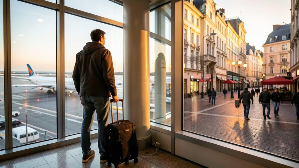 A traveller with a suitcase at an airport, and a European city street