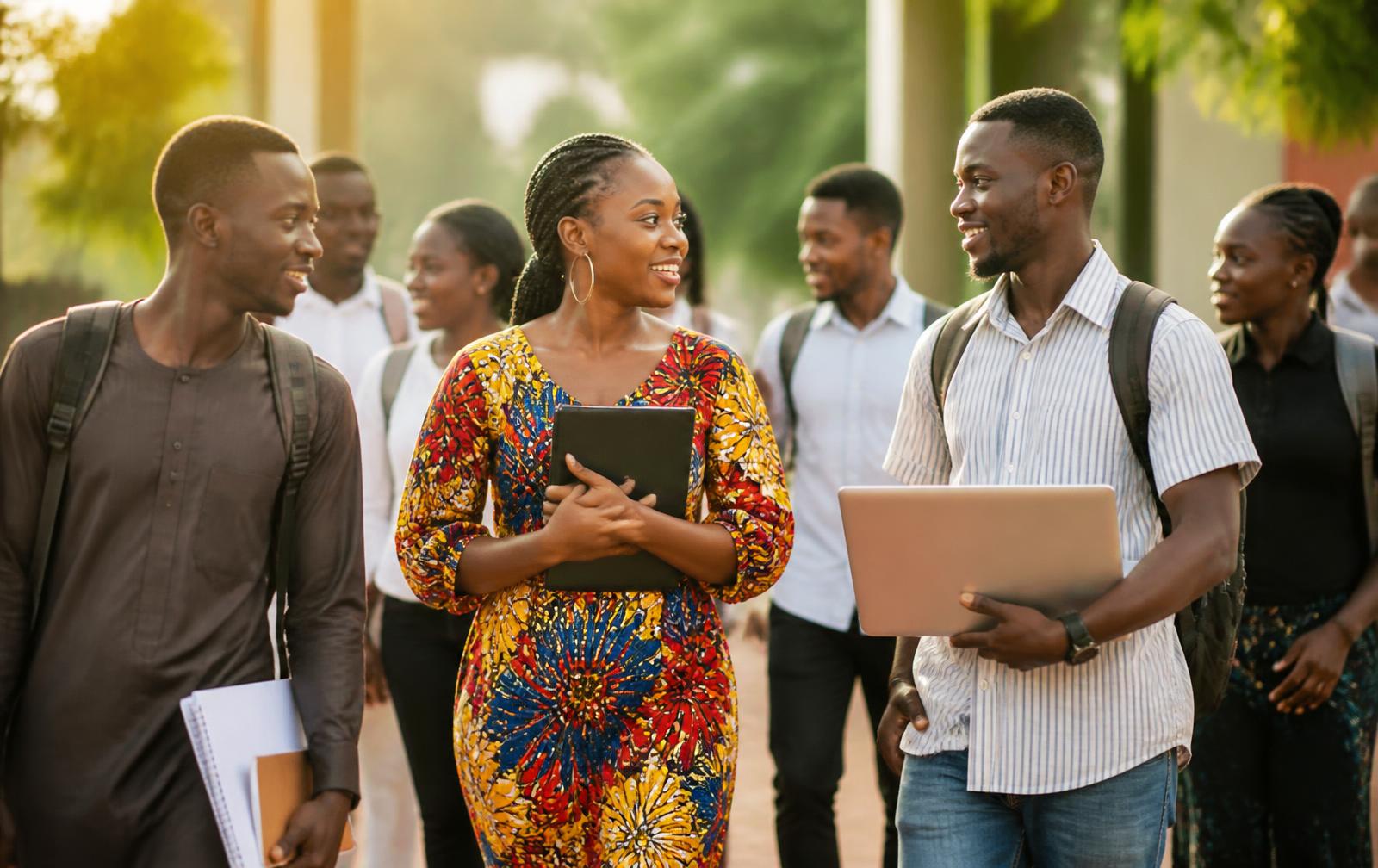 Students and young professionals walking together on a university campus in Liberia